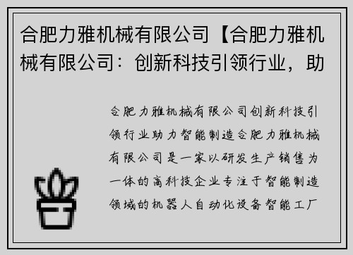 合肥力雅机械有限公司【合肥力雅机械有限公司：创新科技引领行业，助力智能制造】